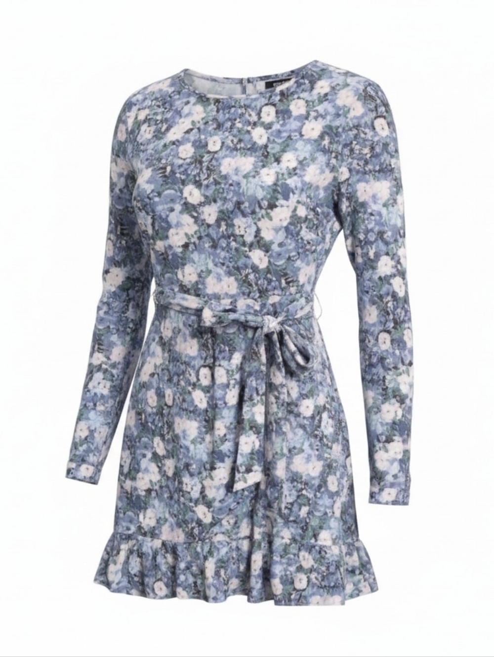 Missguided Blue Floral Mini Dress Cottagecore Romantic Ruffle Hem Tie Waist SZ 8